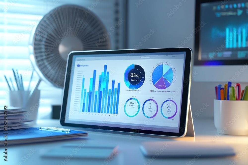 Poster Tablet displaying business analytics charts and graphs on a desk.