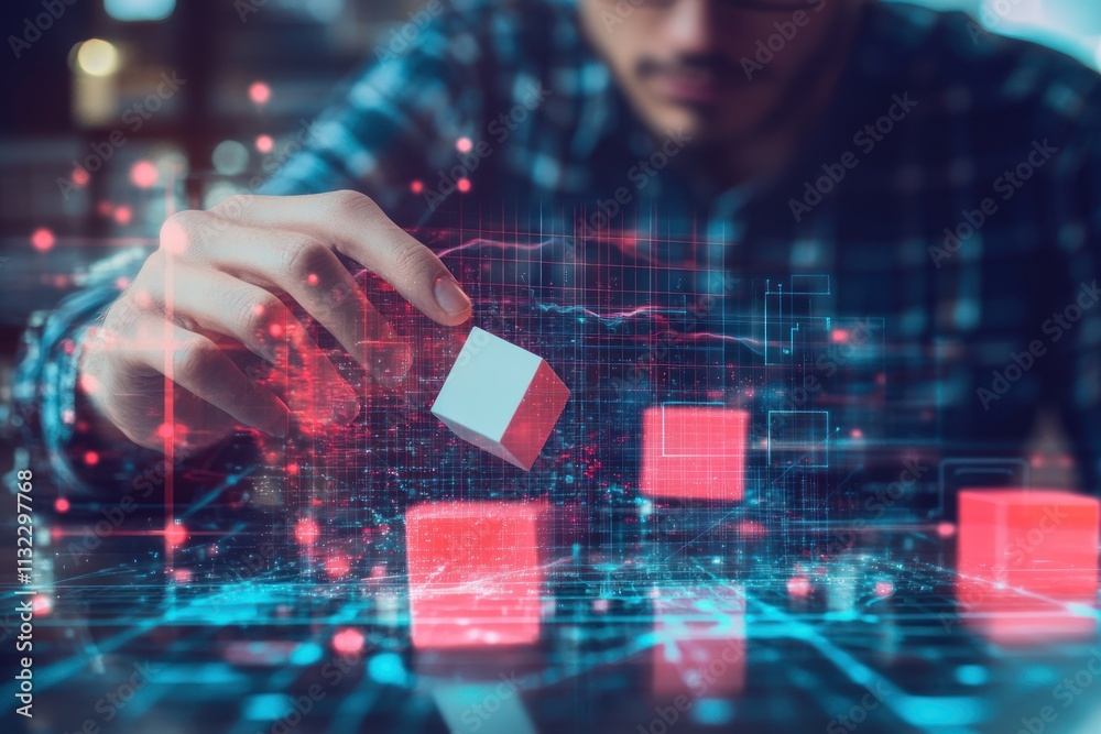 Aufkleber Man placing a white cube onto a digital screen with red cubes and data visualizations.