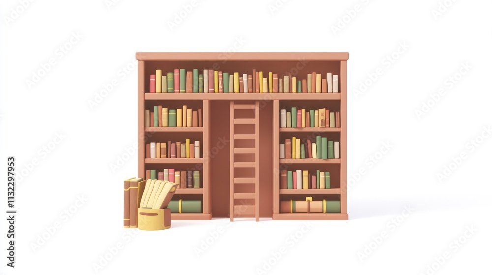 Poster 3d render of a large wooden bookcase with many books and a ladder.