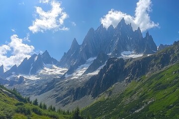 Obraz premium Tour du Montblanc beautiful mountain ladscapes of the Alps green valley, snow summit of Montblanc and rocky peaks of Aiguille du Midi in summer sunny weather blue sky, trekking and hiking in Chamonix 