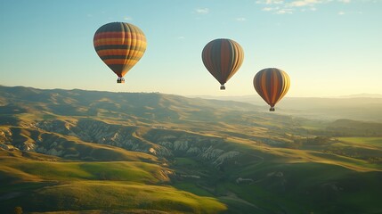 Naklejka premium Hot air balloon adventure over scenic hills nature aerial view