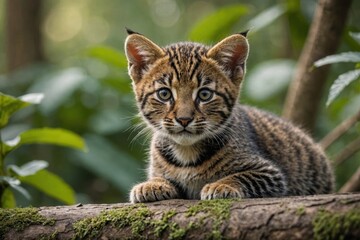 Obraz premium Close view of Jungle Cat cub against natural environment blurred background.