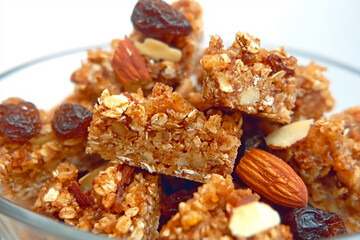  a plate of homemade granola bars made with oats, nuts, dried fruits,