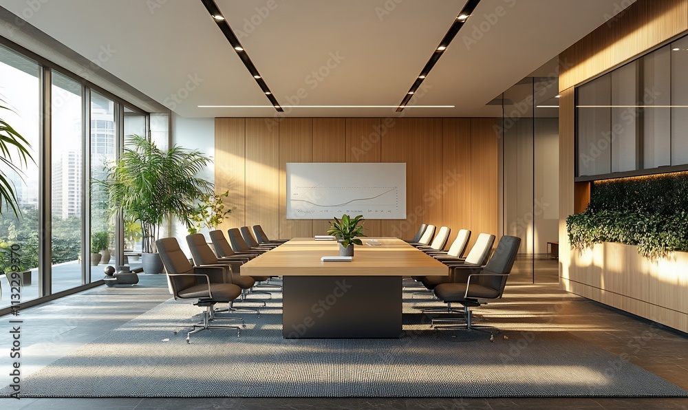 Poster modern conference room with a large table and ample natural light.