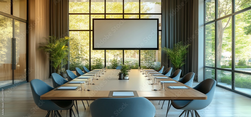 Poster modern conference room with large table and presentation screen.