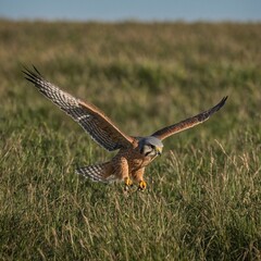 Obraz premium A kestrel hovering above a grassy plain.