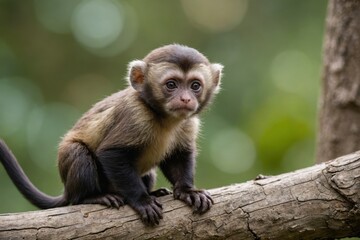 Obraz premium Close view of Tufted Capuchin cub against natural environment blurred background.