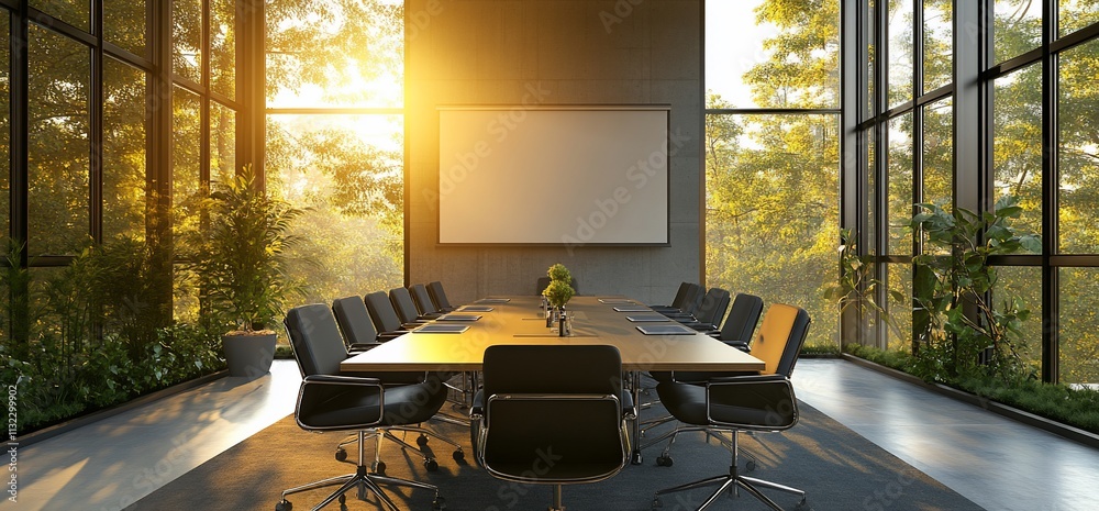 Poster modern conference room with large windows and a presentation screen.