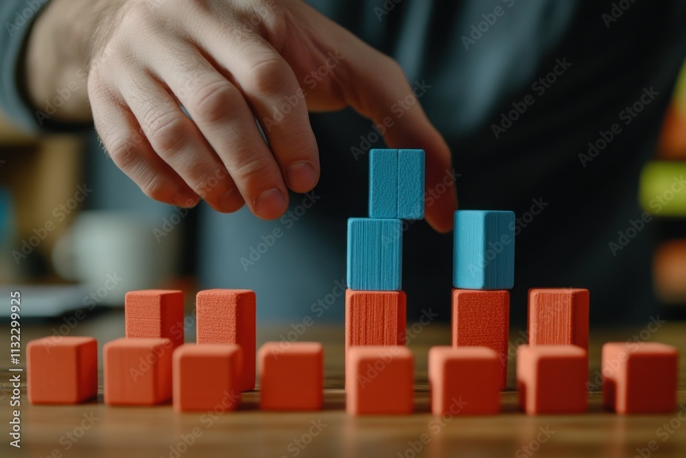 Aufkleber close-up of hand placing blue block on orange blocks, building a structure.
