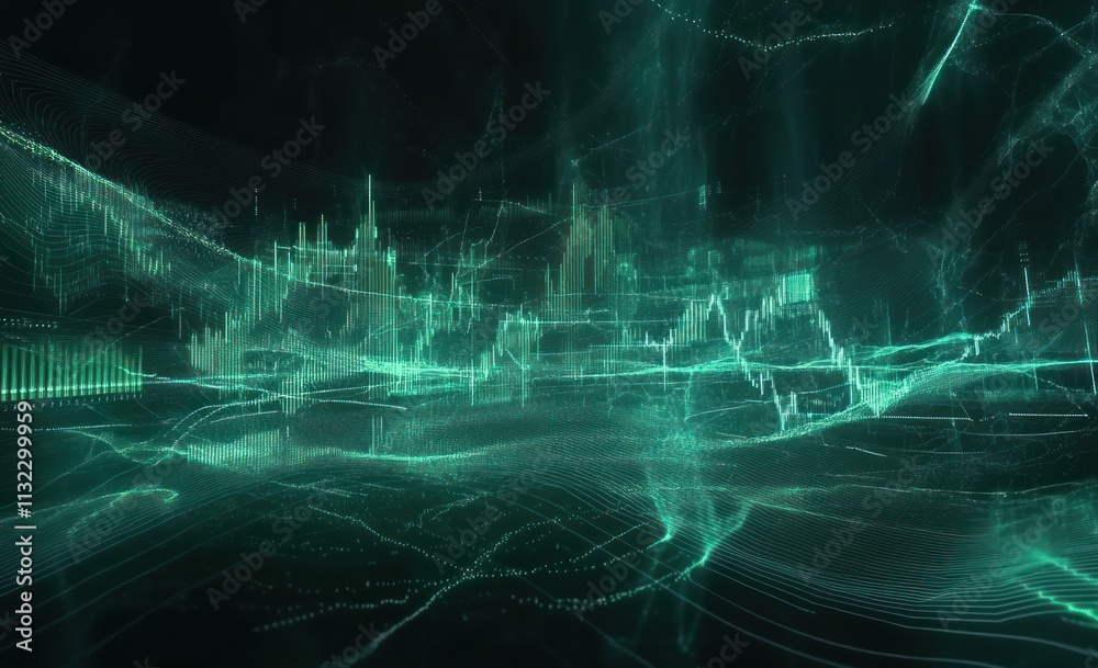 Poster abstract teal digital landscape with data visualization, lines, and waves.