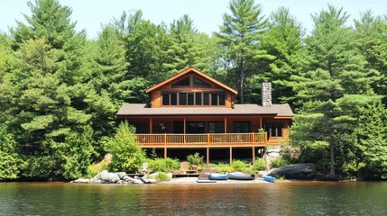 Obraz premium Log Cabin Lakeside Summer Vacation Home