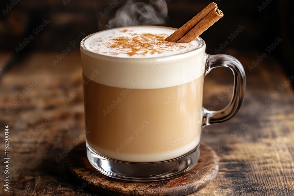 Poster steaming latte with cinnamon in a glass mug on wooden surface.
