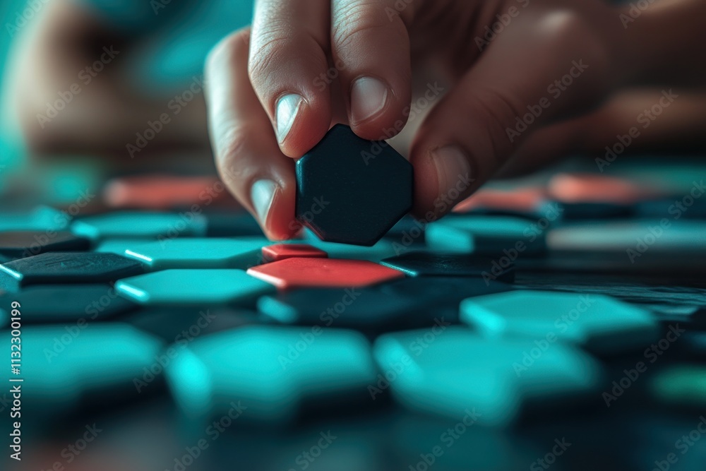 Poster close-up of a hand placing a dark hexagon game piece onto a colorful hexagonal game board.