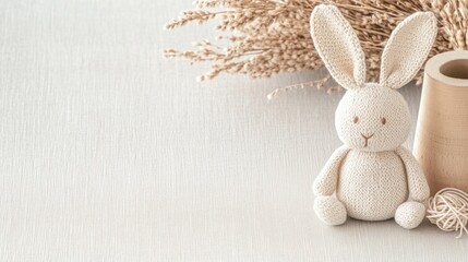 Obraz premium A pastel-colored macrame bunny sits next to wooden elements on a light tablecloth, creating a festive Easter vibe