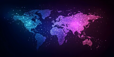 Fototapeta premium A vibrant, artistic representation of a world map using colorful dots and gradients against a dark background. Concept Artistic World Map, Colorful Dots, Gradient Effects, Dark Background