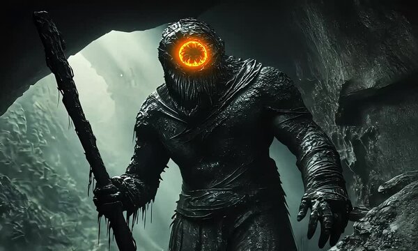  A giant cyclops with glowing orange eye, holding a massive club in a dark cave and standing up