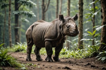 Fototapeta premium Close view of Sumatran Rhino cub against natural environment blurred background.