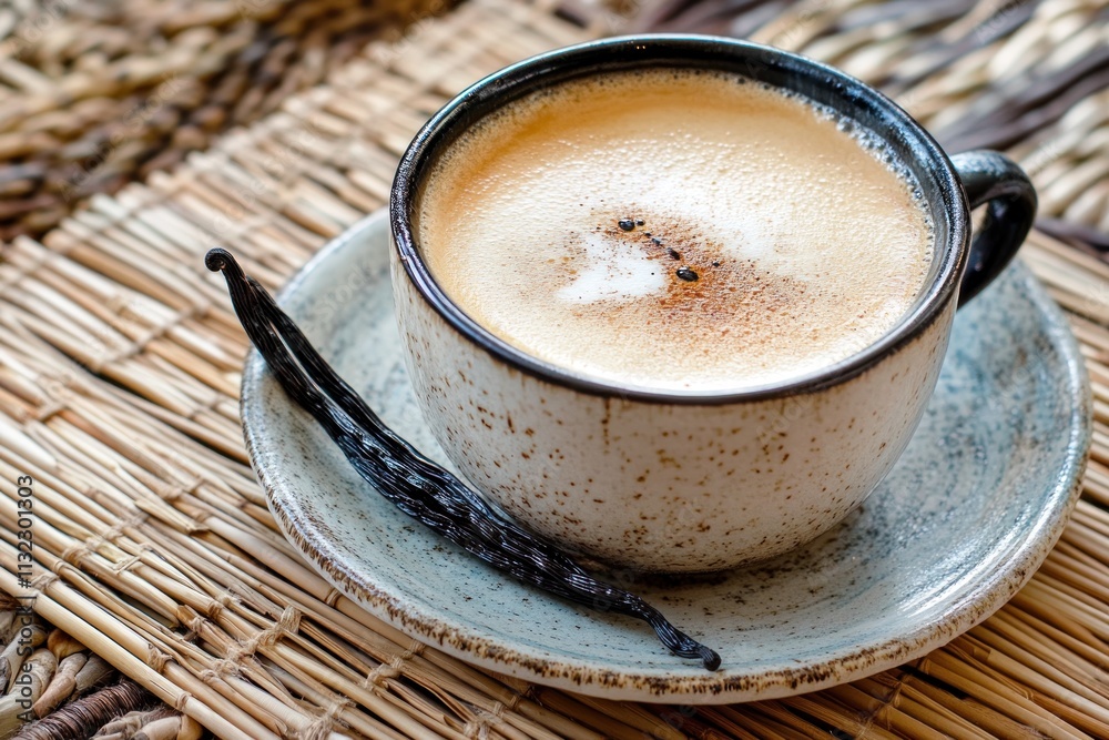 Poster close-up of a cup of cappuccino with vanilla beans on a rustic placemat.