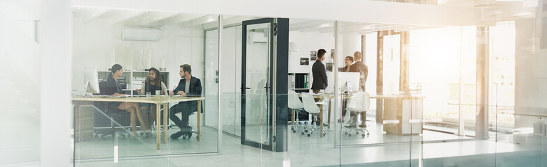Busy, collaboration and meeting with business people in office together for planning or strategy....