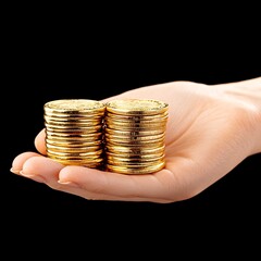 Macro Shot of a Perfect Hand Holding Stacked Golden Coins on Black Background