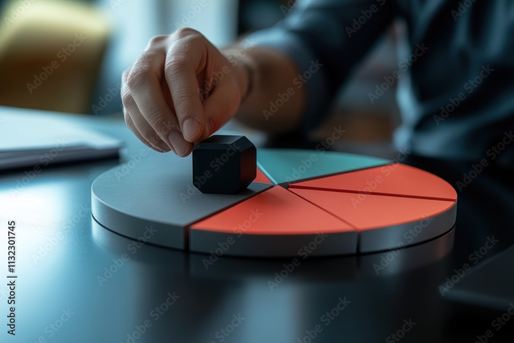 Poster close-up of a hand placing a black cube on a pie chart.