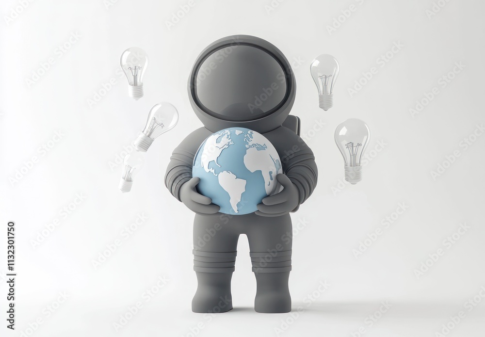 Poster 3d rendering of an astronaut holding earth, surrounded by lightbulbs, symbolizing ideas and innovati