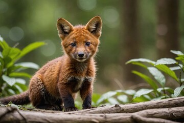 Close view of Dhole cub against natural environment blurred background.