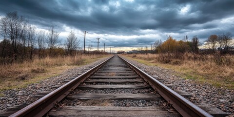 Obraz premium Looking down the tracks, the scene reveals a light stand against a backdrop of cloudy skies, creating a captivating view down the tracks with an atmosphere worth capturing.