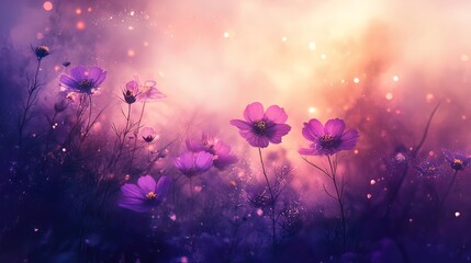 Dreamy purple cosmos flowers in a magical sunset field with bokeh lights.