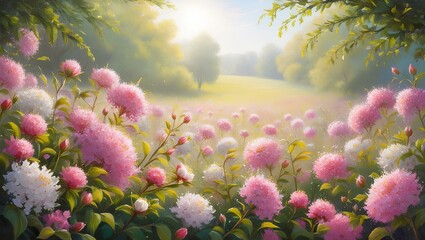A vibrant field of colorful tulips blooms in the spring, showcasing a breathtaking display of pink, purple, and red petals against a backdrop of lush green leaves