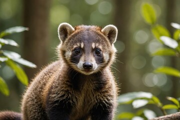 Obraz premium Close view of Coati cub against natural environment blurred background.