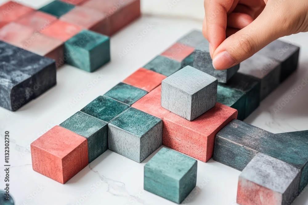 Aufkleber hand placing a grey cube onto a colorful block structure.