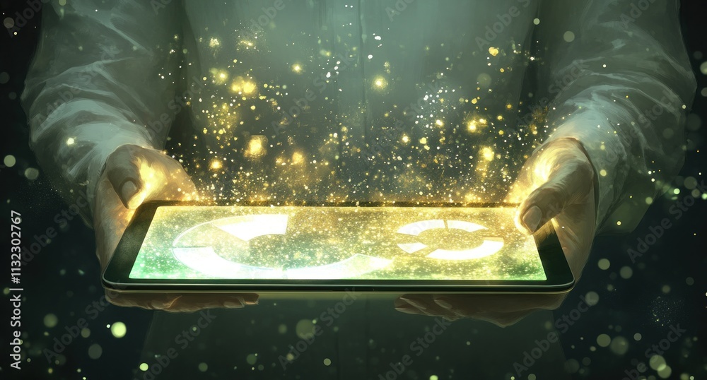 Aufkleber hands holding tablet displaying glowing circular arrows.