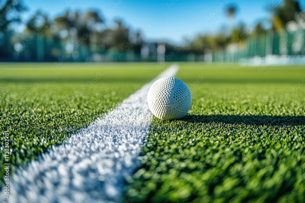 Poster close-up of a white ball on a green artificial turf field with a white line.