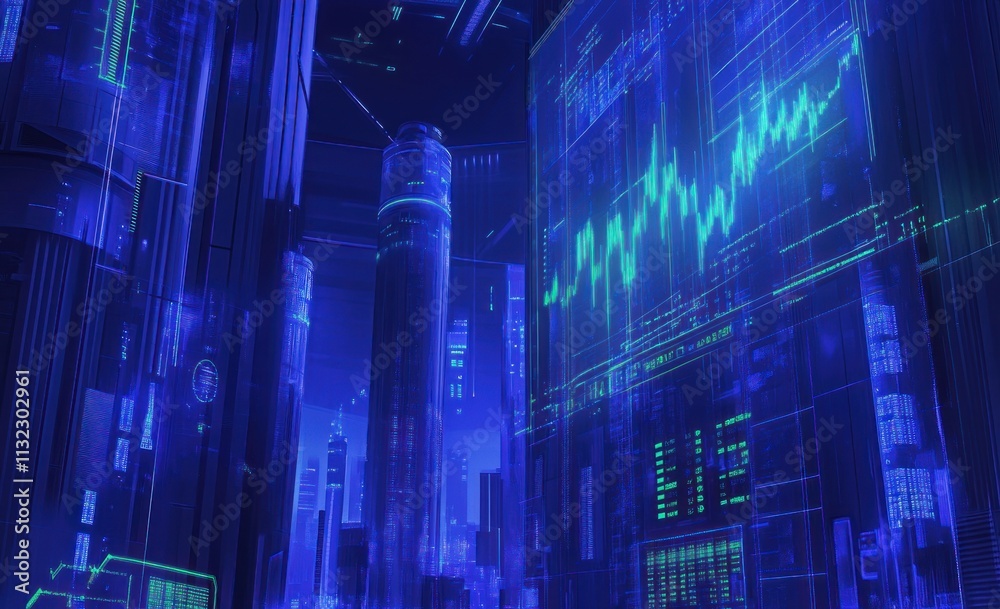 Aufkleber futuristic city skyline at night with glowing digital interfaces and data streams on buildings.
