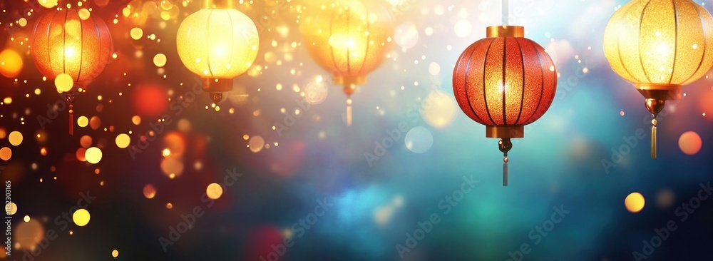 Poster Illuminated lanterns glowing in a vibrant bokeh background.