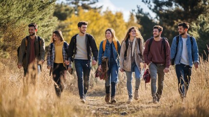 group of friends traveling together, enjoying youth and adventure with nature view concept