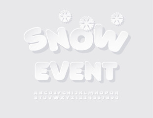 Vector artistic card Snow Event. Sticker style Font. Cute White Alphabet Letters and Numbers set.