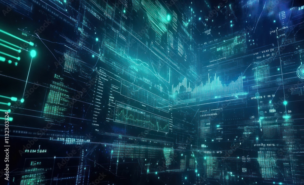 Aufkleber abstract digital data visualization with glowing lines, graphs, and charts.