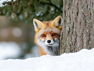 Playful red fox peeking behind tree
