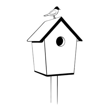 recommend clip art: Simple line drawing of birdbox, house, with bird perched on roof