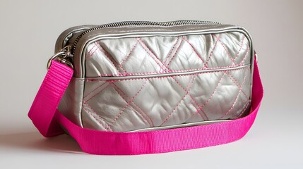 Crossbody Bag Mockup showcases a stylish silver bag adorned with pink stitching. Its modern design and vibrant colors evoke a trendy, youthful vibe.