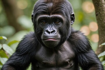 Naklejka premium Close view of Gorilla cub against natural environment blurred background.