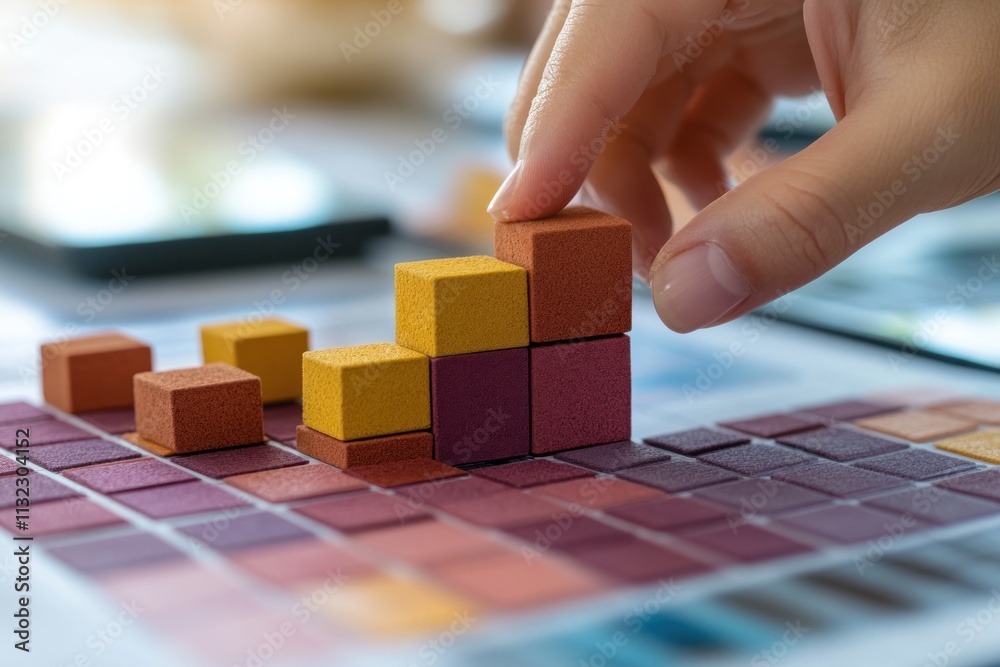 Poster Hand placing colorful blocks, building a graph on a chart.