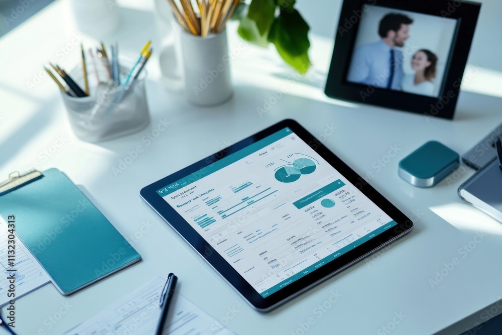 Poster tablet displaying financial data on a clean office desk.