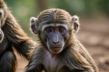 Obraz premium Close view of Guinea Baboon cub against natural environment blurred background.