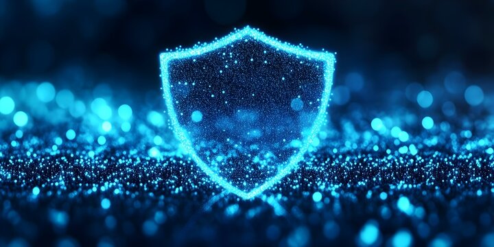 A glowing blue shield icon surrounded by shimmering particles, suggesting themes of security and protection. Concept Glowing Blue Shield, Shimmering Particles, Security Themes, Protection Symbolism