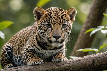 Obraz premium Close view of Jaguar cub against natural environment blurred background.
