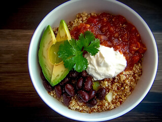  a vibrant quinoa bowl filled with roasted vegetables, avocado,