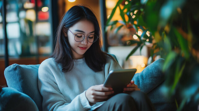 Frau asiatischer Herkunft h&auml;lt ein Tablet vor sich und liest Generative AI